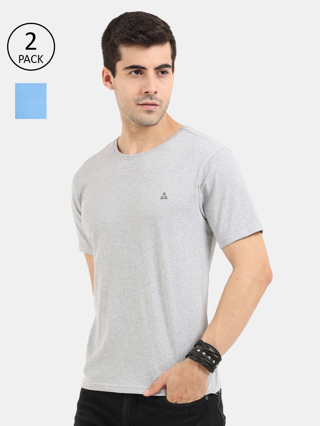

ARDEUR Men Blue & Grey Solid Pack Of 2 T-shirts