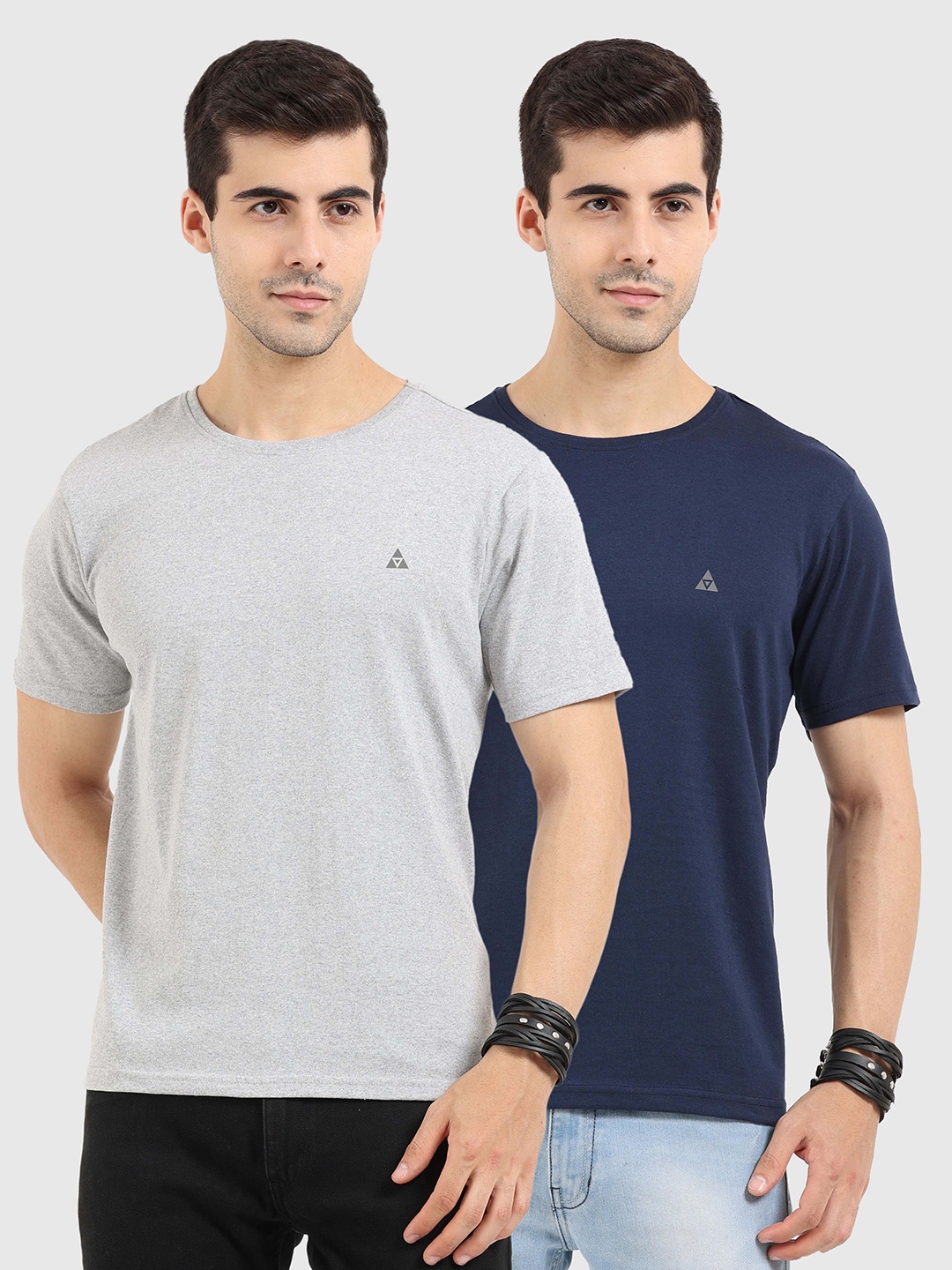 

ARDEUR Men Grey Melange & Navy Blue Set Of 2 Cotton T-shirt