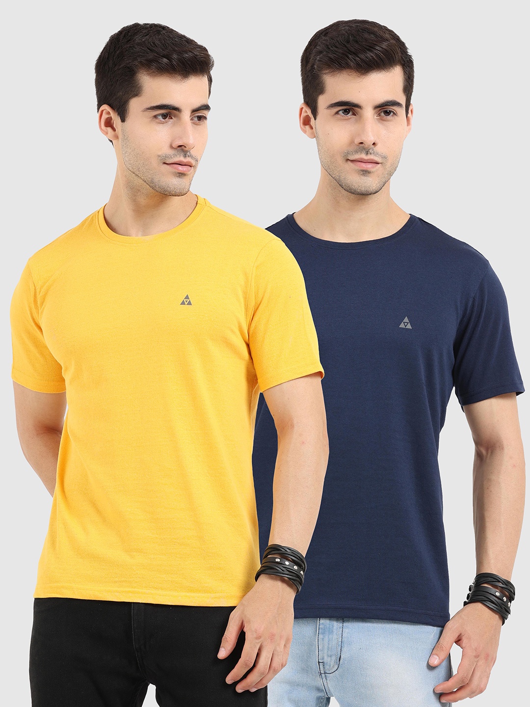 

ARDEUR Men Navy Blue & Yellow Set Of 2 Pure Cotton T-shirt