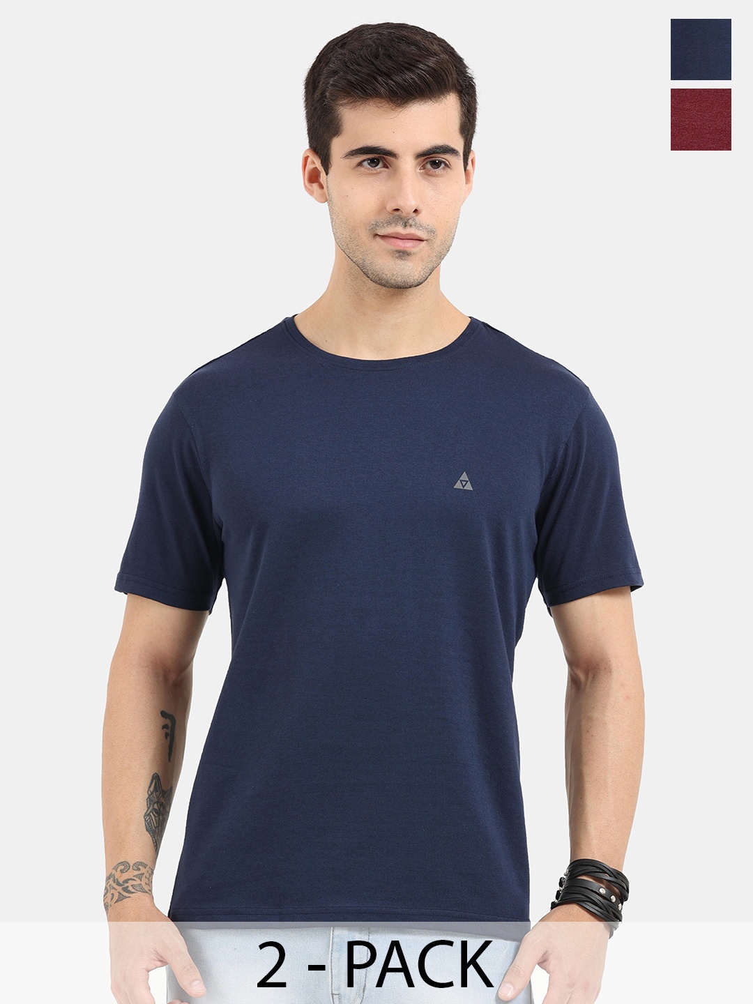 

ARDEUR Men Maroon & Navy Blue Set Of 2 Cotton T-shirt