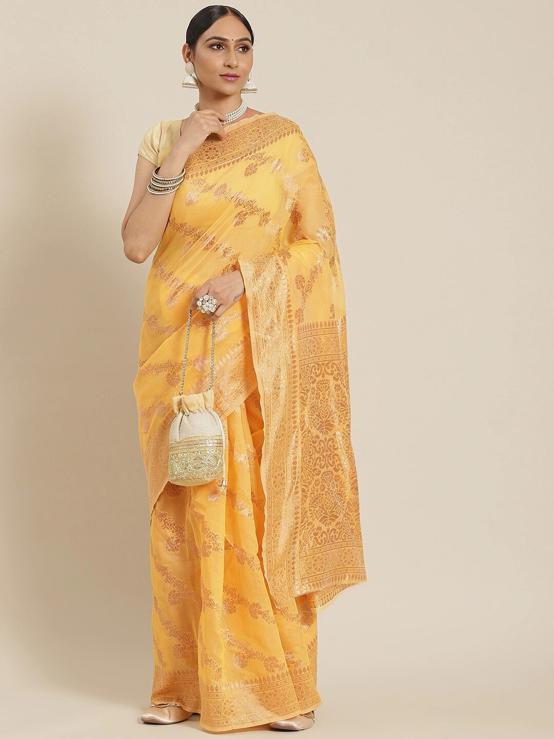 

all about you Yellow Floral Zari Banarasi Saree