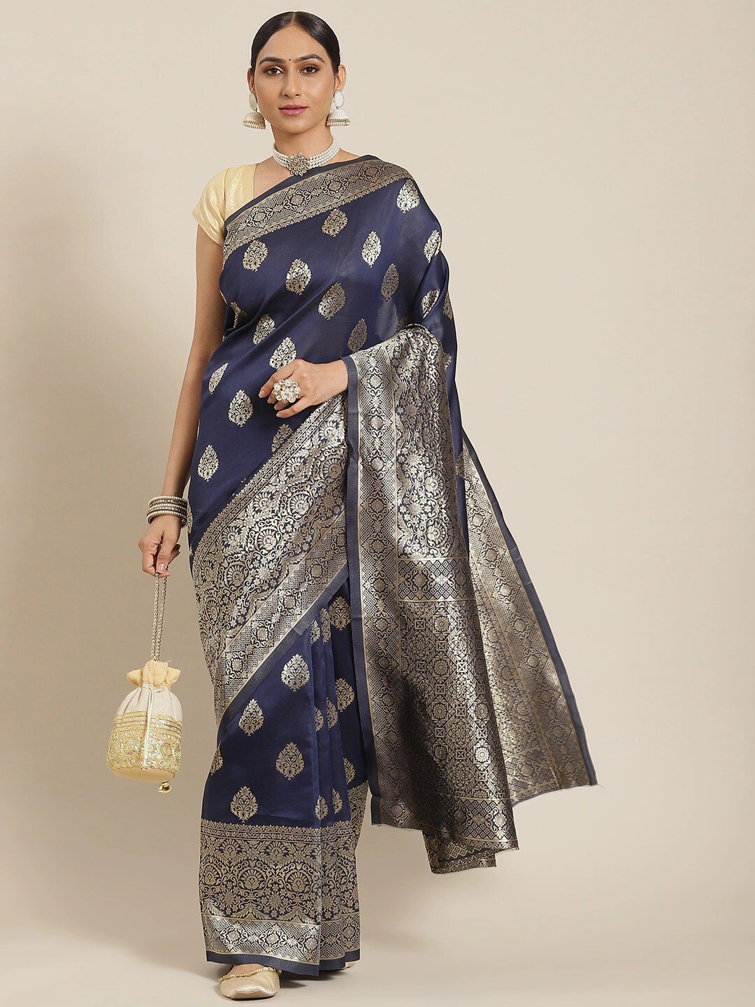 

all about you Navy Blue & Gold-Toned Ethnic Motifs Zari Silk Blend Banarasi Saree