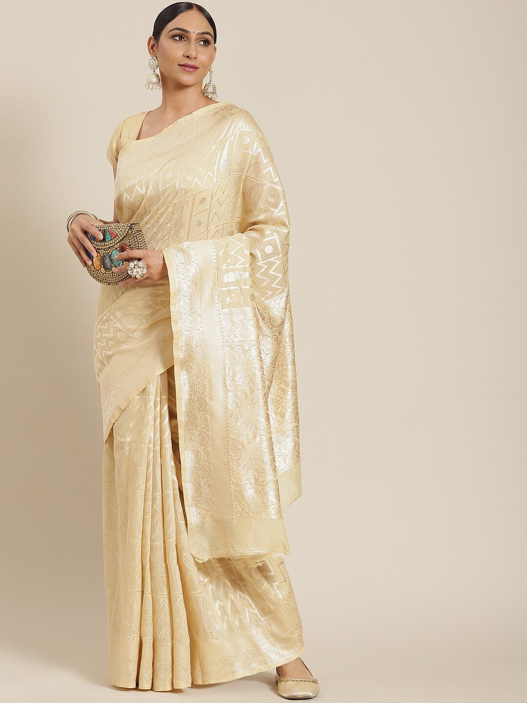

all about you Cream-Coloured & Gold-Toned Ethnic Motifs Zari Banarasi Saree