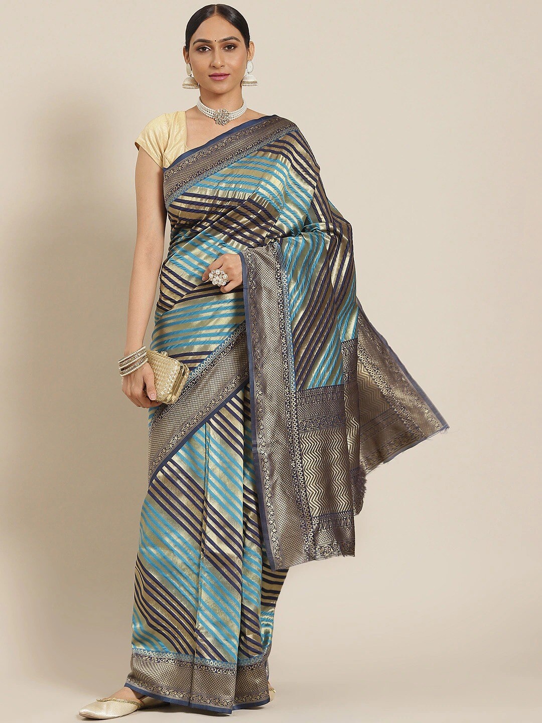 

all about you Blue & Black Striped Zari Silk Blend Leheriya Saree