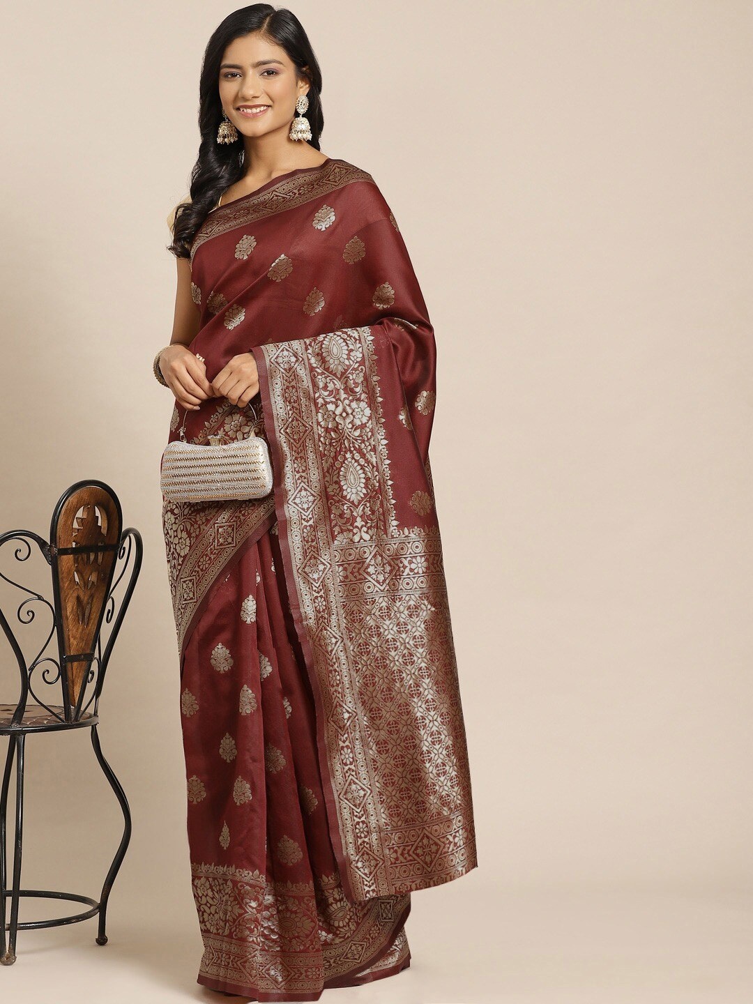 

all about you Maroon & Gold-Toned Ethnic Motifs Zari Silk Blend Banarasi Saree