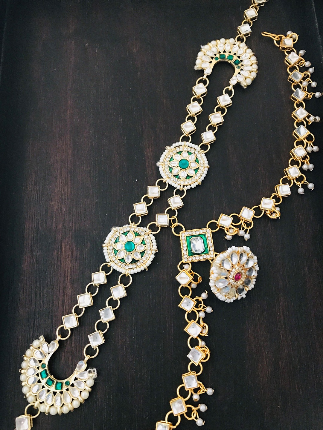 

The Opal Factory Gold-Plated White & Green Studded Bridal SheeshPhool