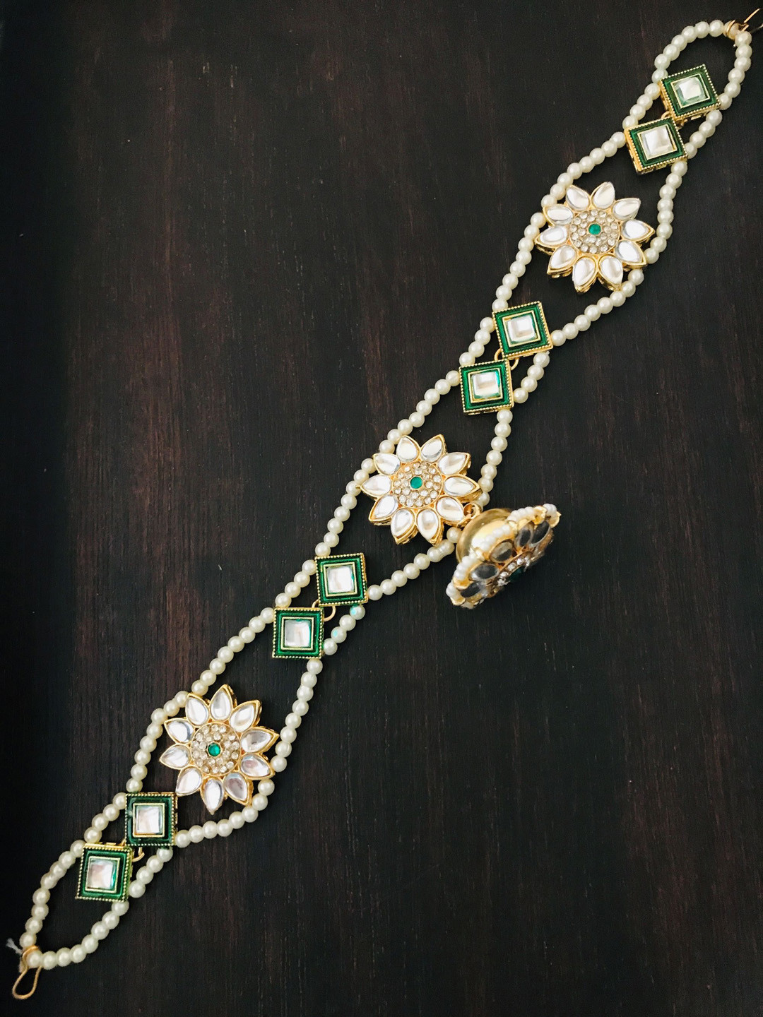 

The Opal Factory Gold-Plated Green & White Pearl Beaded Meenakari Mathapatti