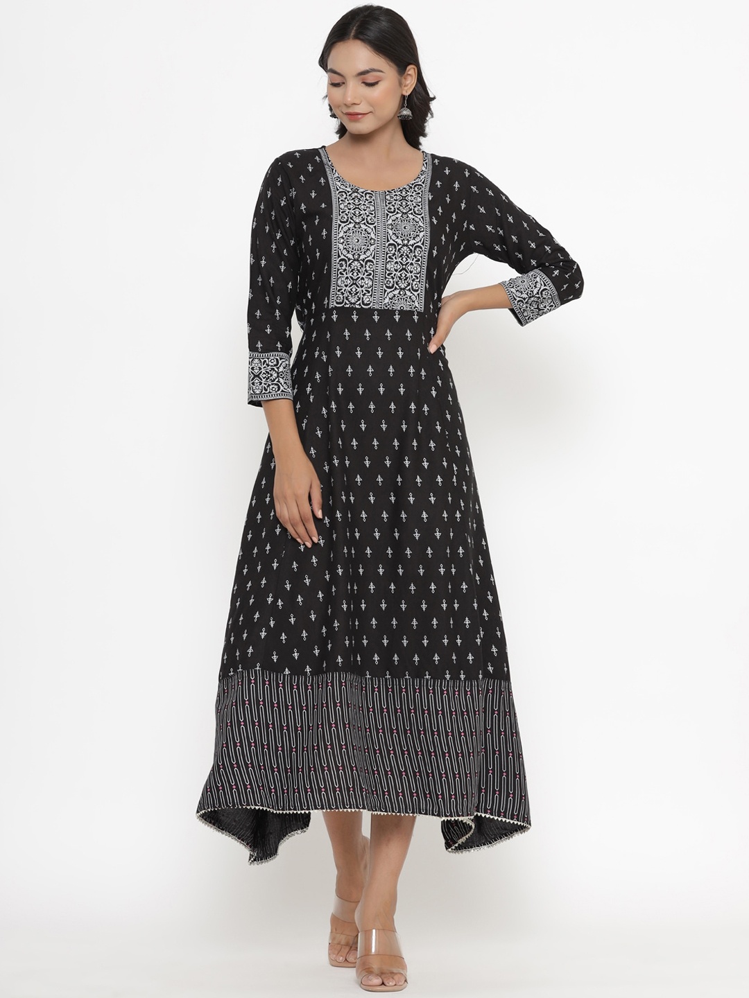 

PK Fashions Women Black Geometric Printed Thread Work Floral Anarkali Kurta