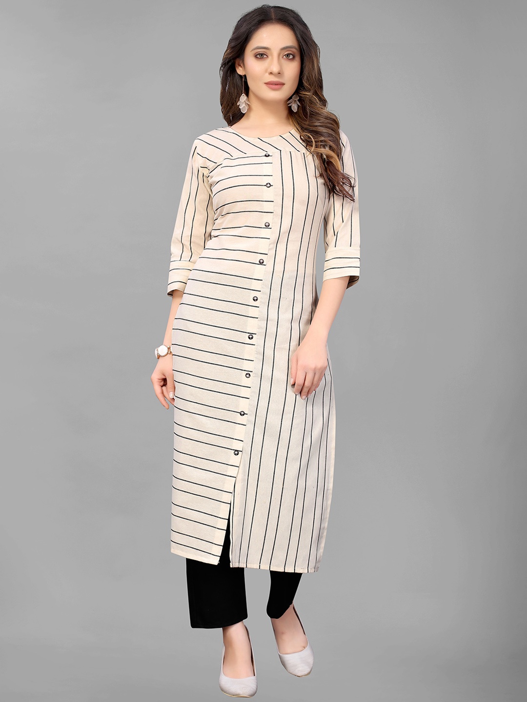 

GUNVANTI FAB Women Cream-Coloured Striped Pleated Kurti with Trousers