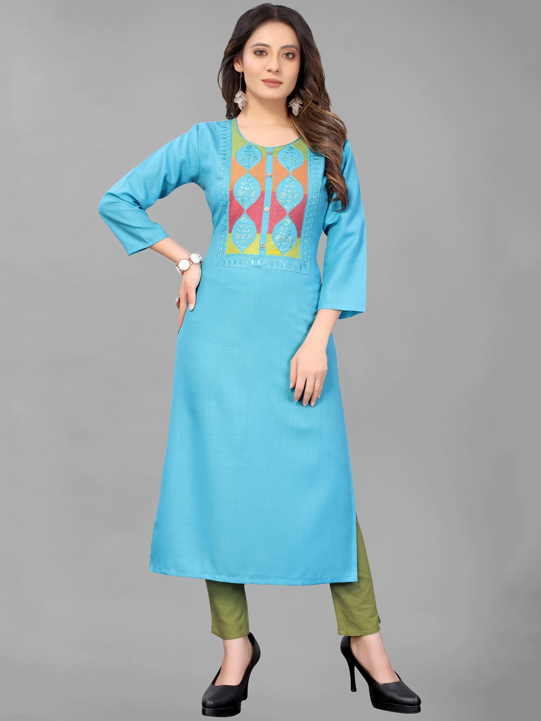 

GUNVANTI FAB Women Turquoise Blue Embroidered Pleated Sequinned Kurti with Trousers