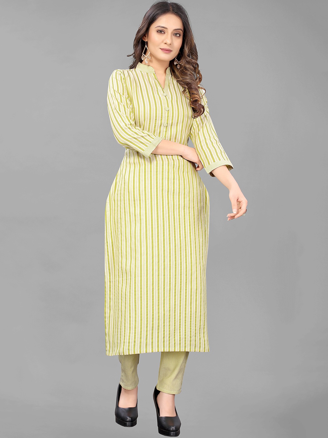 

GUNVANTI FAB Women Sea Green Striped Pleated Pure Cotton Kurti with Trousers