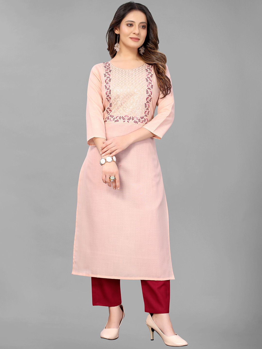 

GUNVANTI FAB Women Peach-Coloured Embroidered Panelled Thread Work Kurti with Trousers