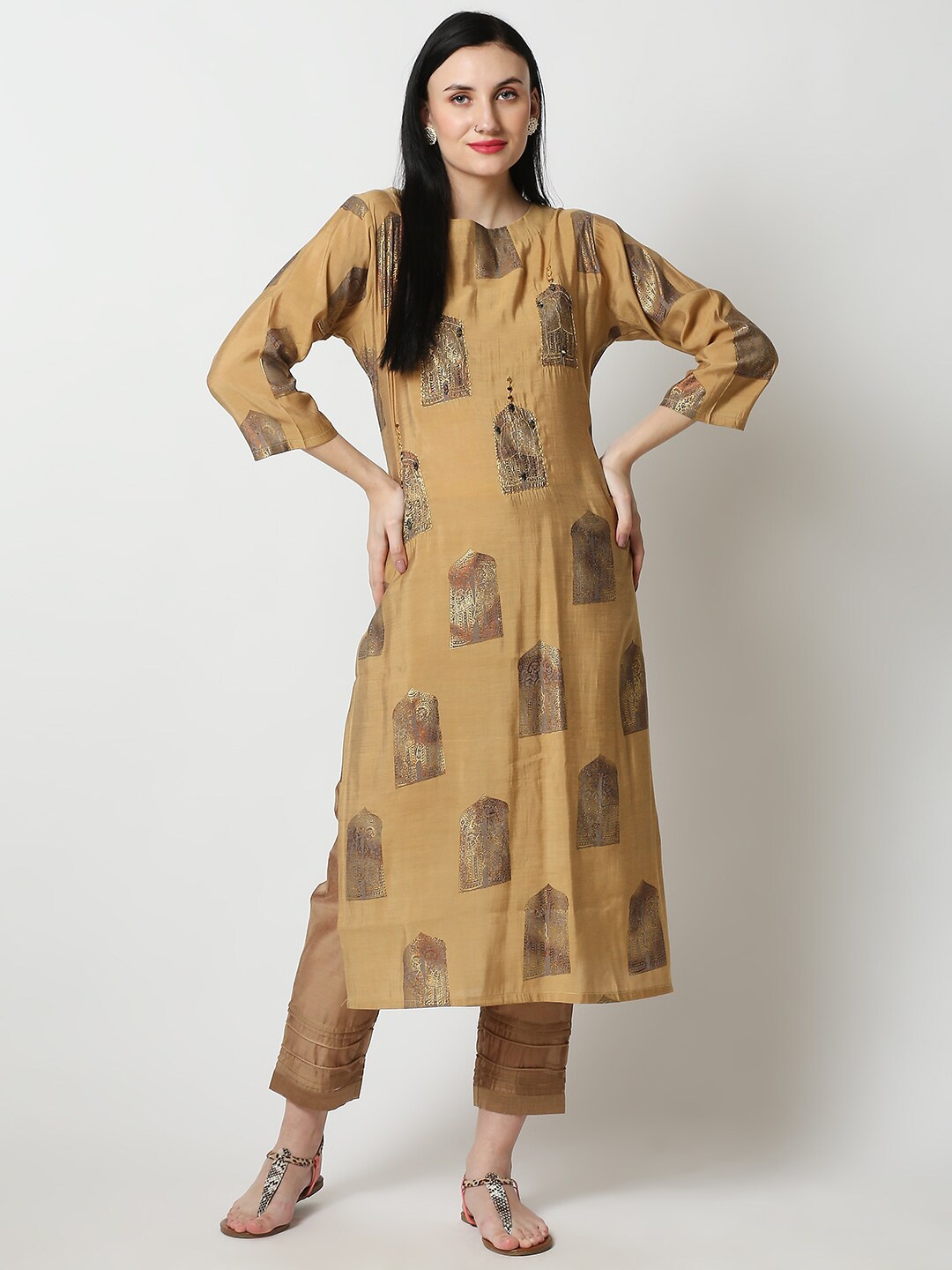 

Aanyor Women Tan Ethnic Motifs Printed Flared Sleeves Thread Work Grandeur & Majestic Artwork Chanderi Silk Kurta