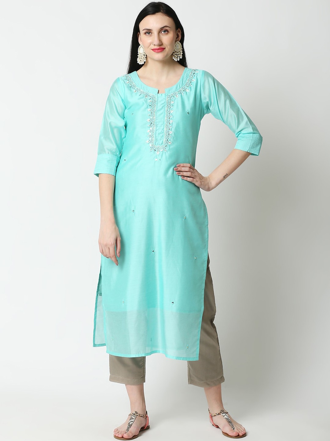 

Aanyor Women Turquoise Blue Yoke Design Thread Work Grandeur & Majestic Artwork Chanderi Silk Kurta