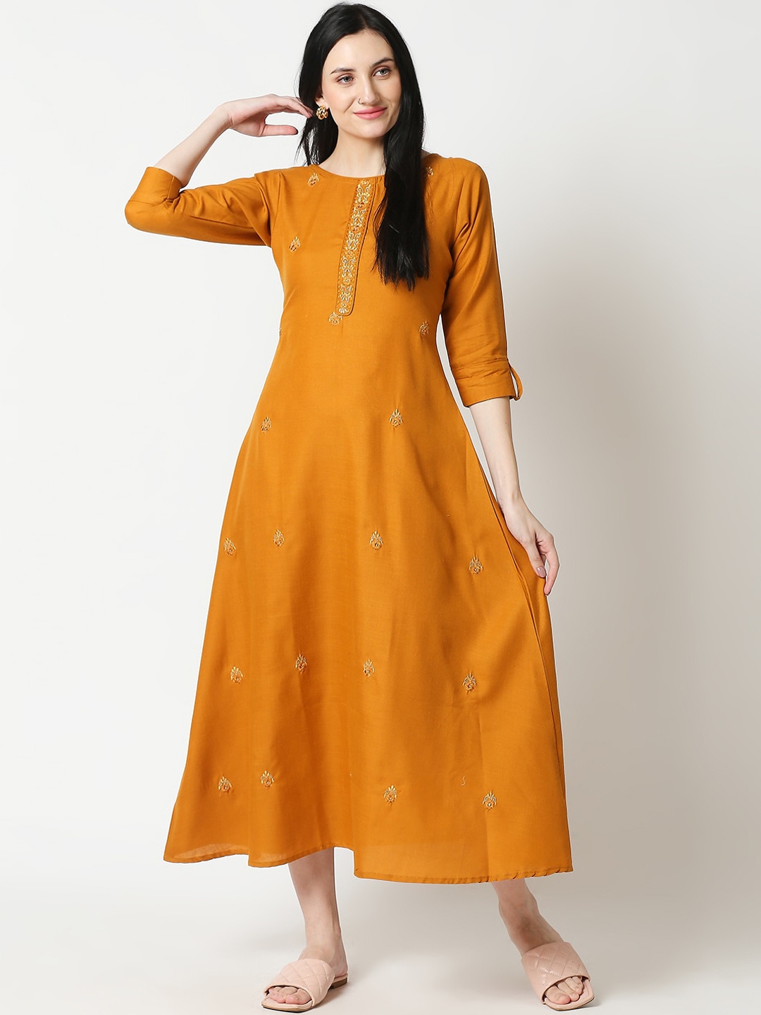 

Aanyor Women Mustard Yellow Embroidered Thread Work Quirky Kurta