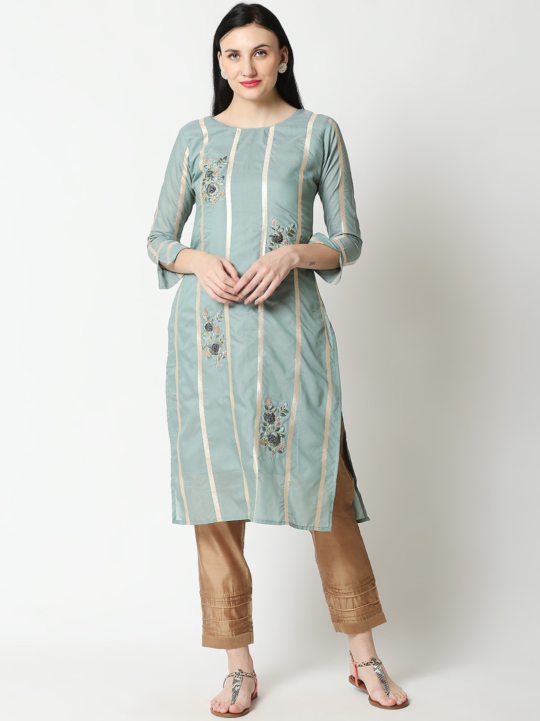 

Aanyor Women Green Checked Flared Sleeves Pastels Chanderi Silk Kurta
