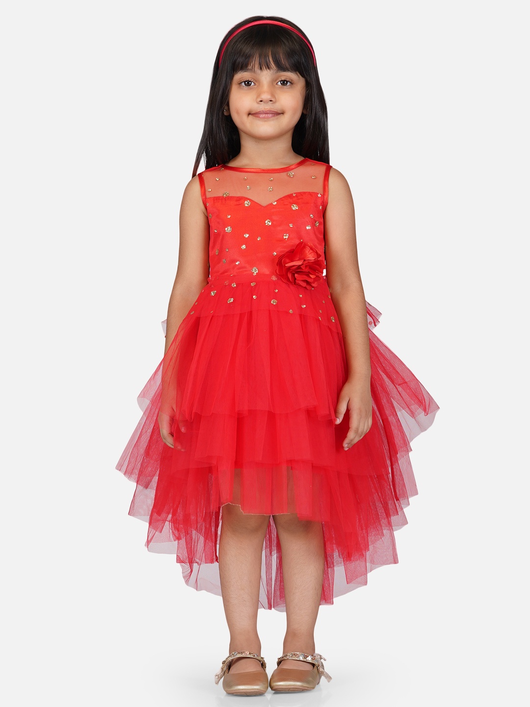 

Toy Balloon Girls kids Red Embellished Fringed Net Maxi Dress