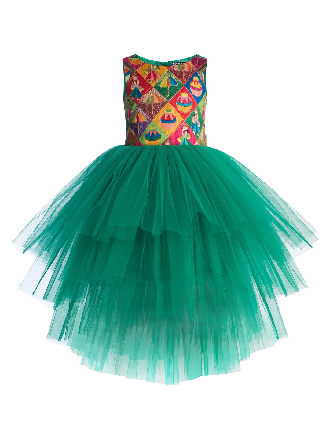 

Toy Balloon kids Girls Green Rajasthani Printed Hi-Low Girls Party Wear Dress