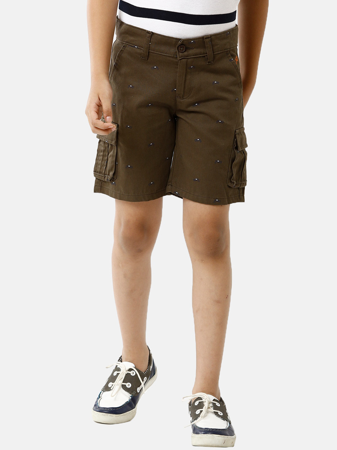 

CP BRO Boys Olive Green Conversational Printed Slim Fit Cargo Shorts