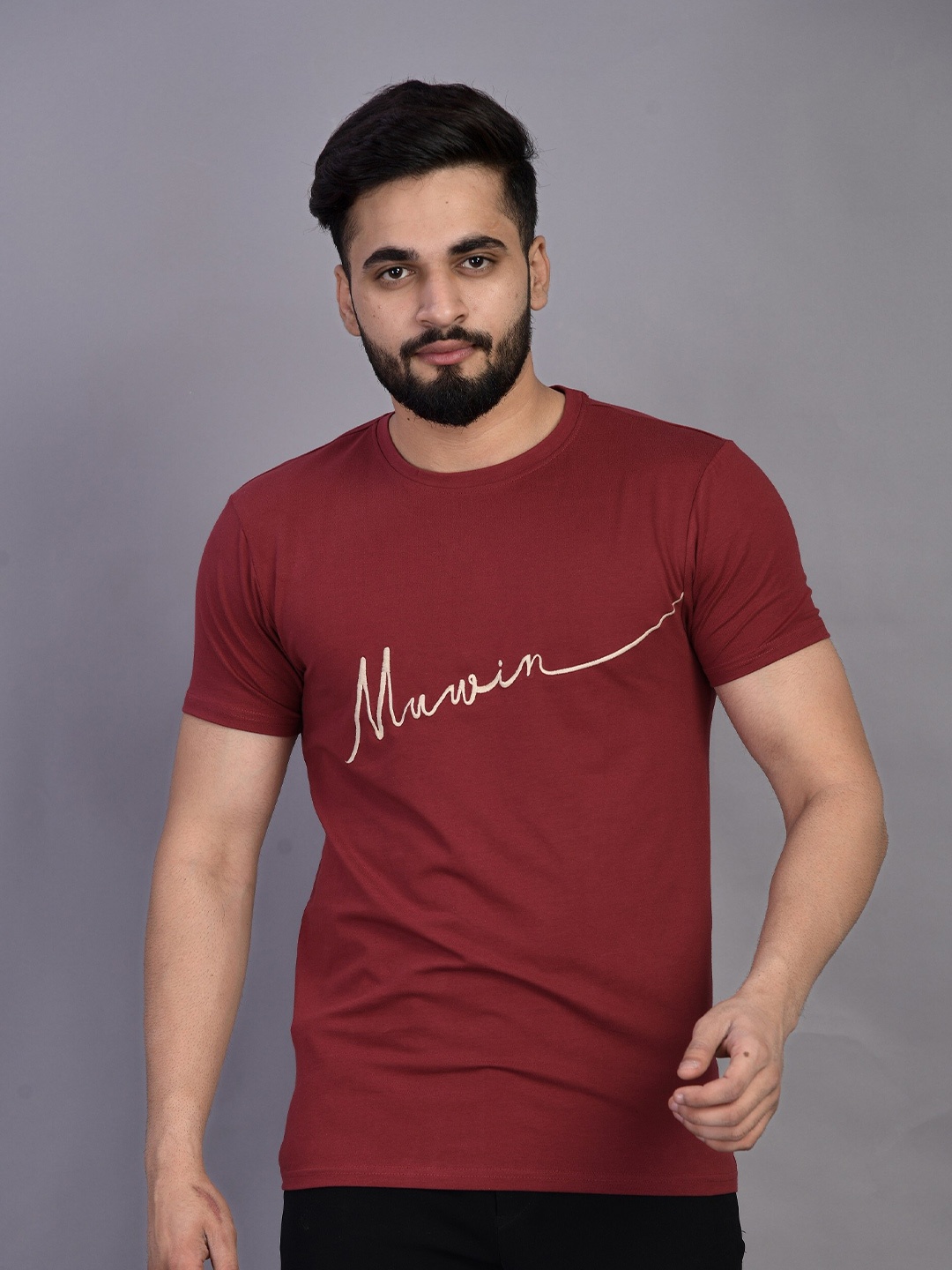 

MUWIN Men Burgundy Colourblocked Organic Cotton T-shirt