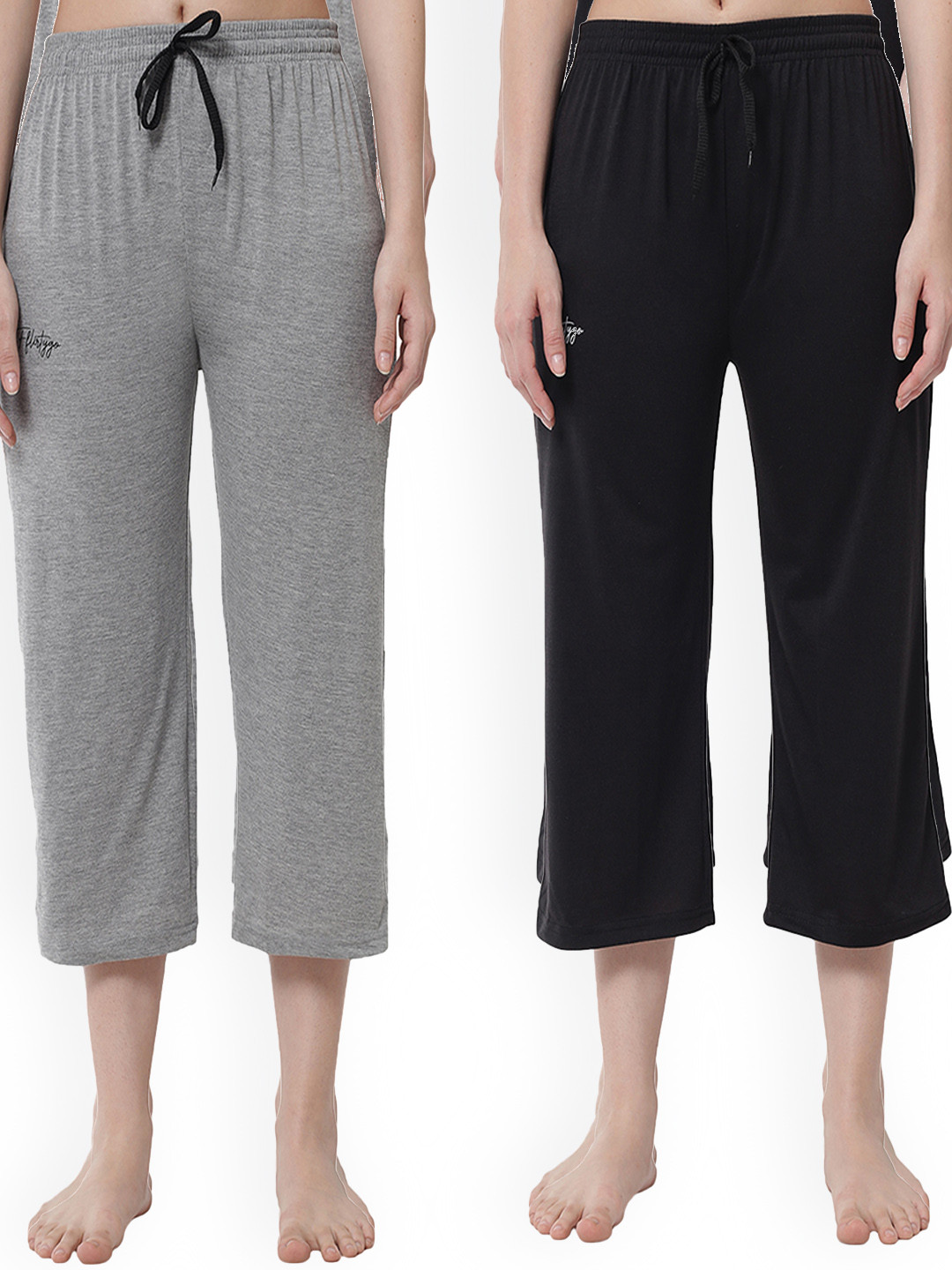 

FFLIRTYGO Women Pack of 2 Black & Grey Solid Cotton Lounge Capris