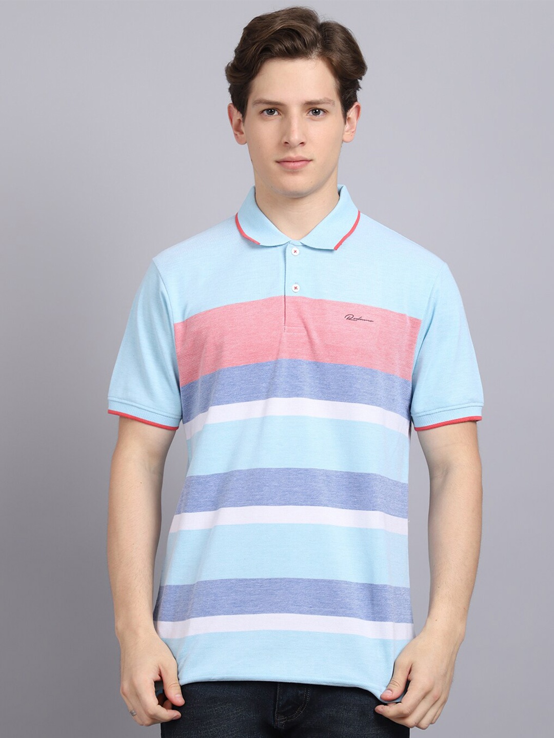 

Rodamo Men Blue Striped Polo Collar Slim Fit T-shirt