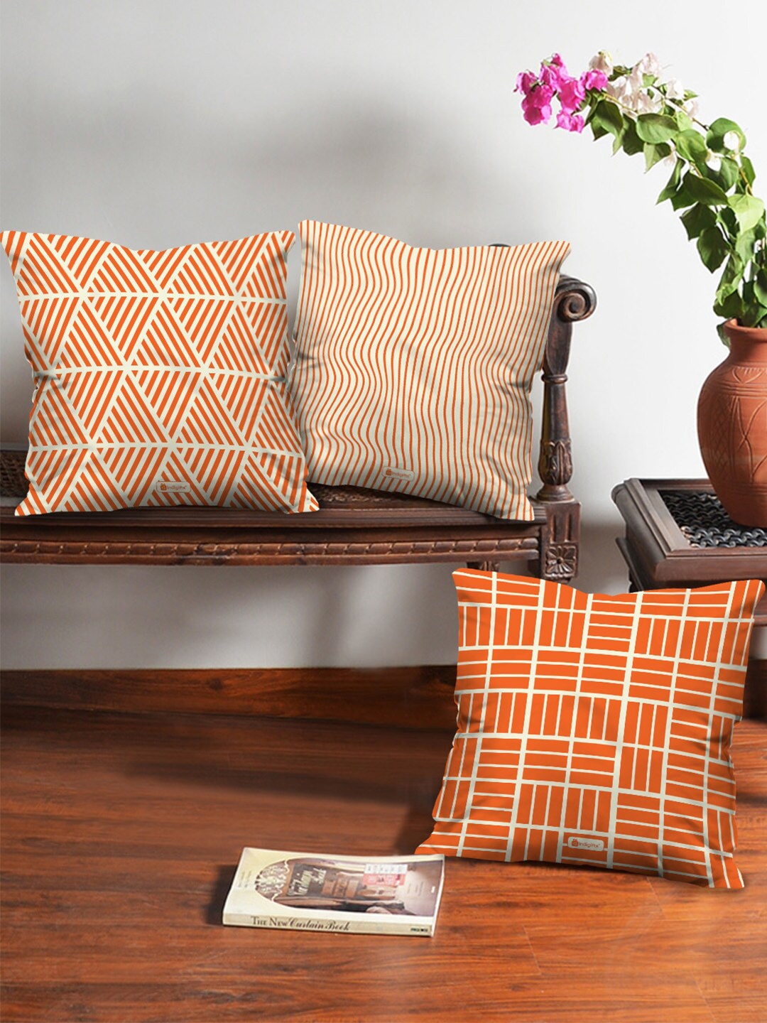 

Indigifts Orange Set of 3 Geometric Lines Pattern Printed Cushions