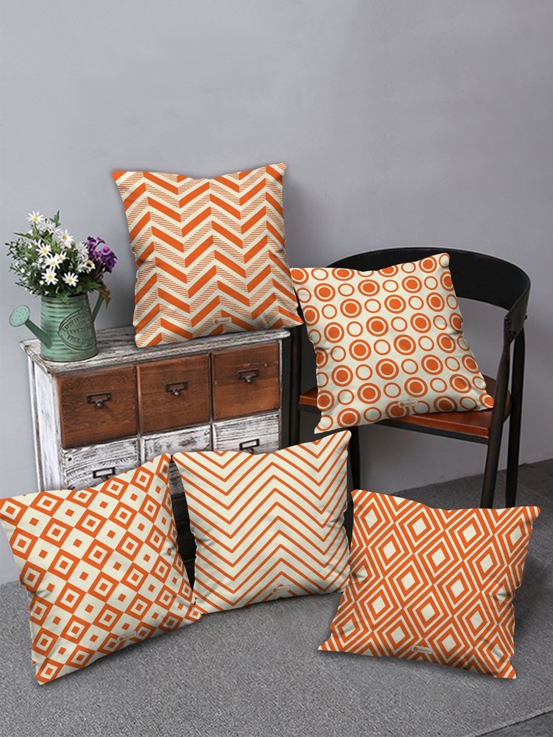 

Indigifts Set of 5 Orange Geometric Pattern Cushions, Cream