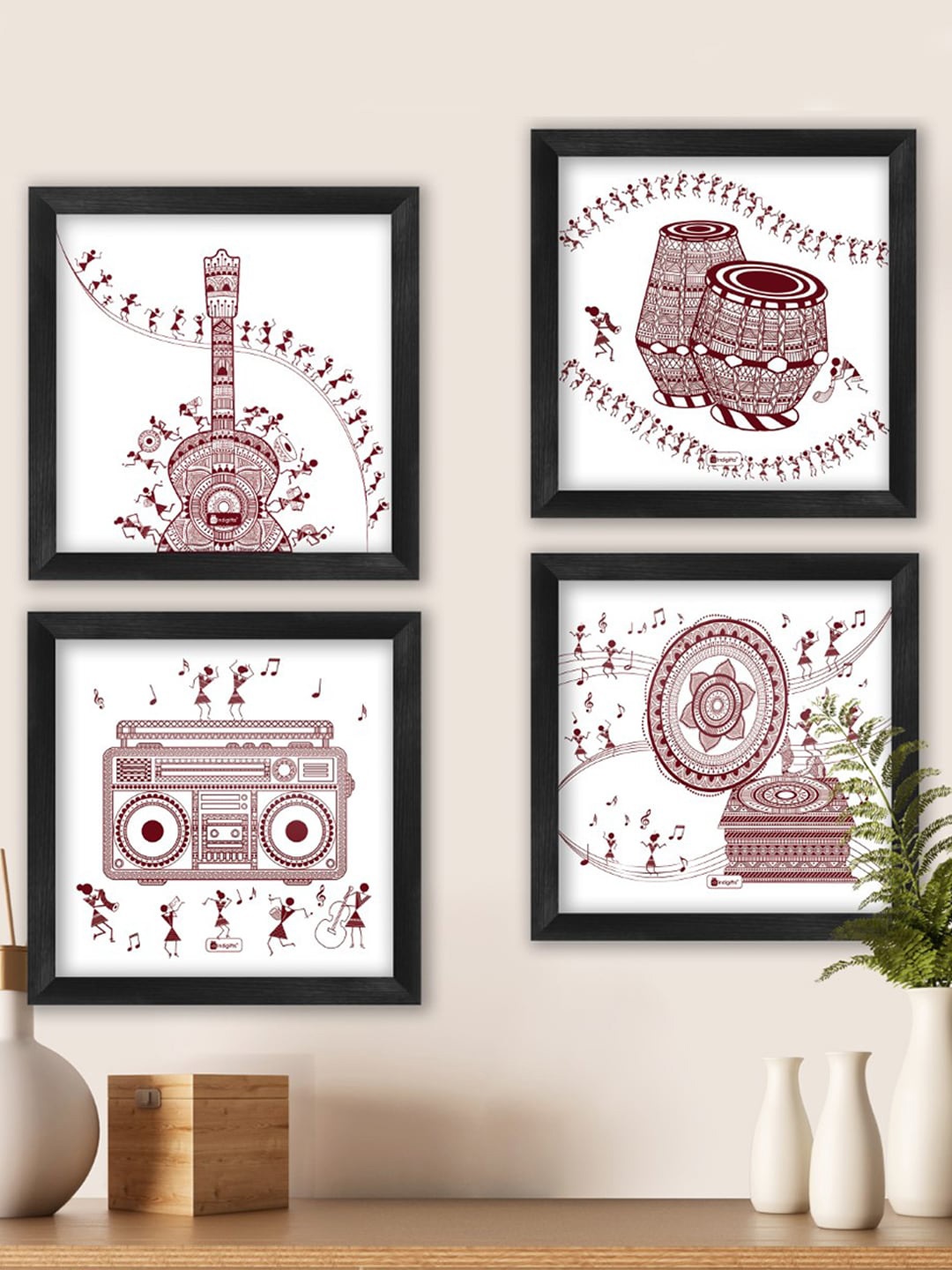 

Indigifts Set of 4 Warli Musical Art Themed Print Poster Frames, Multi