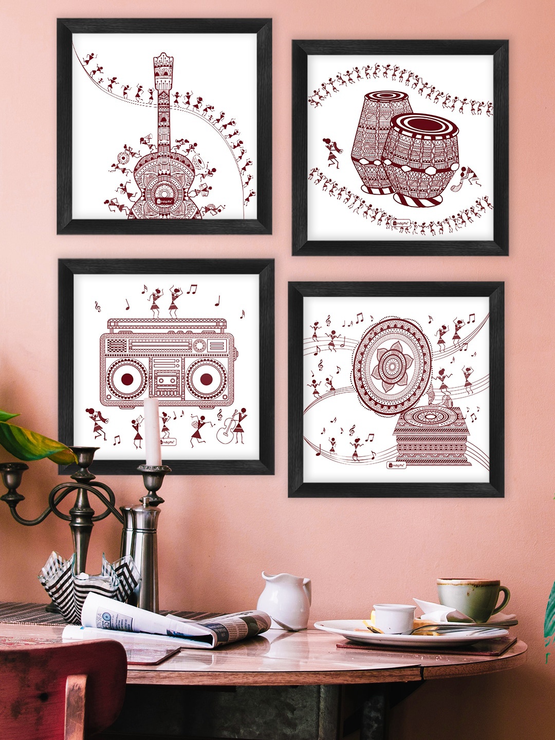 

Indigifts Set of 4 Musical Instruments Printed Frames, Black
