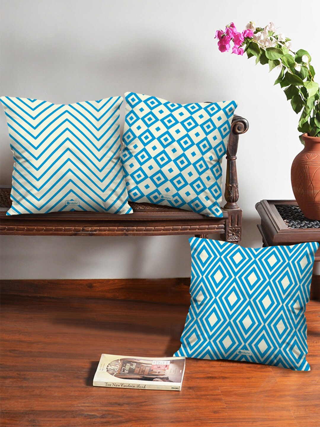 

Indigifts Set of 3 Geometric & Chevron Print Square Cushion Covers, Blue