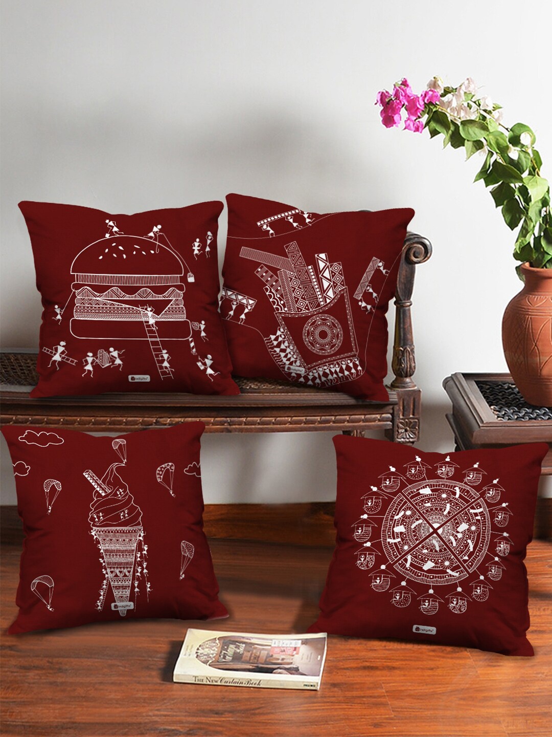 

Indigifts Set of 4 Tribal & Conversational Print Square Cushions Covers, Maroon