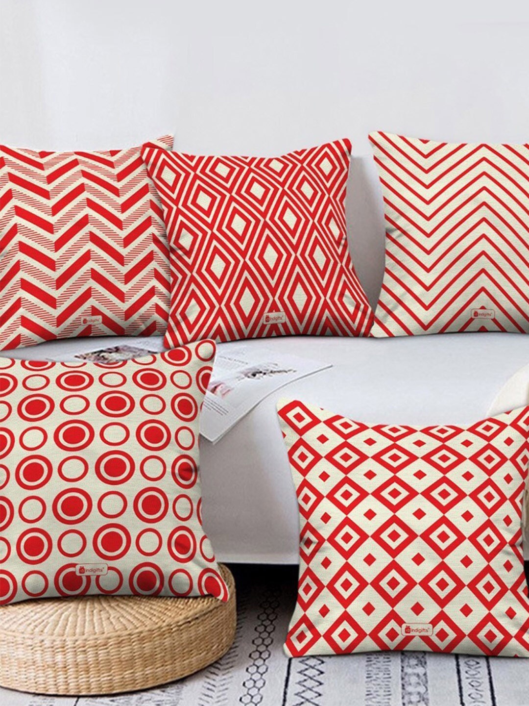 

Indigifts Set of 5 Geometric & Chevron Print Square Cushion Covers, Orange