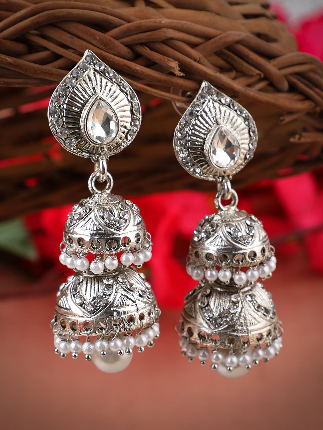 

ANIKAS CREATION Silver-Toned Contemporary Jhumkas Earrings