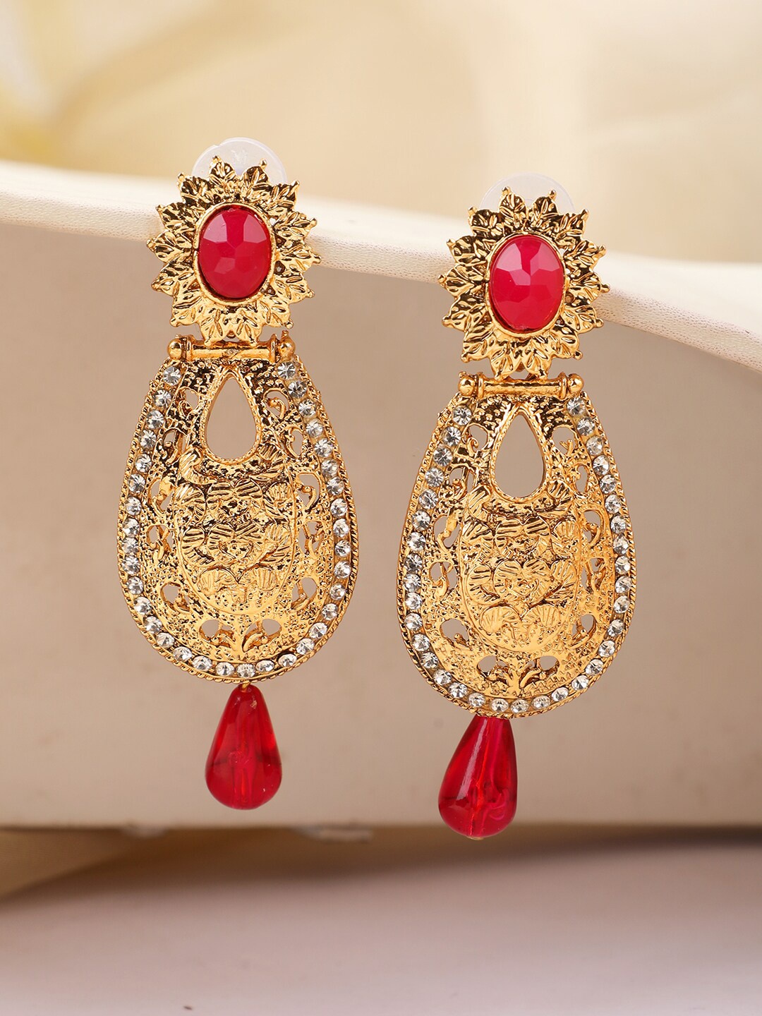 

ANIKAS CREATION Gold-Plated Red Contemporary Drop Earrings
