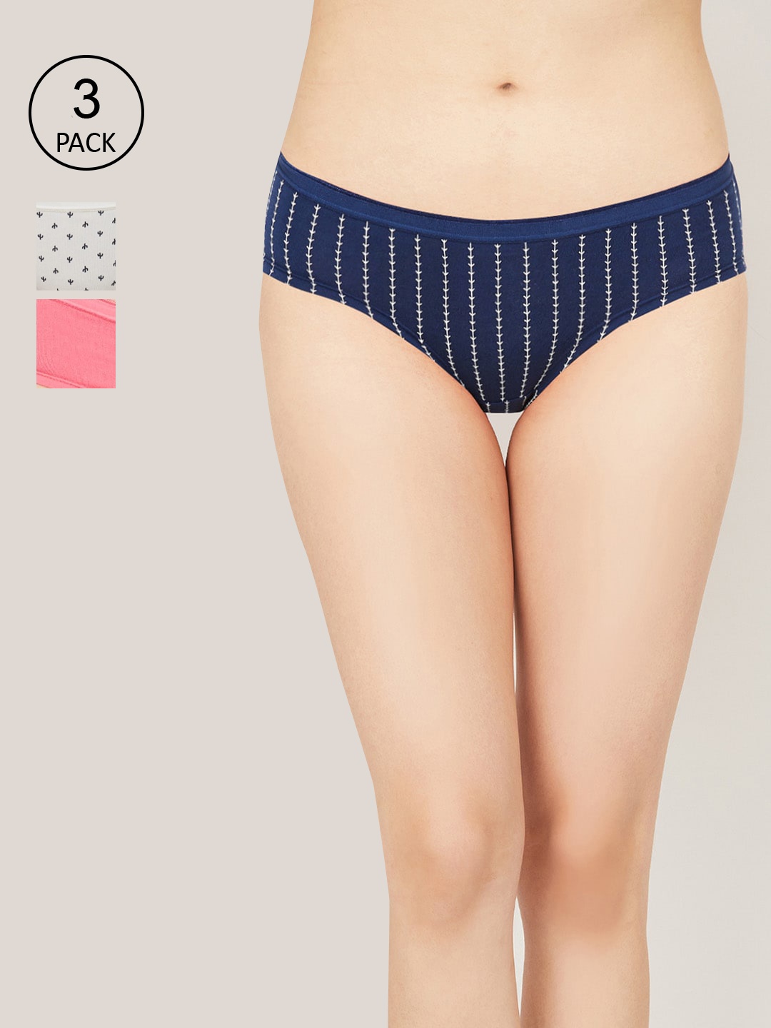 

Ginger by Lifestyle Women Navy Blue & Pink Pack of 3 Printed Cotton Hipster Briefs