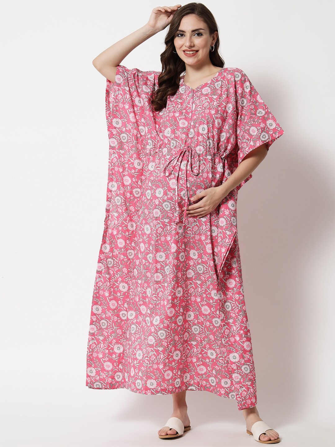 

Aujjessa Pink Floral Maternity Kaftan Maxi Dress