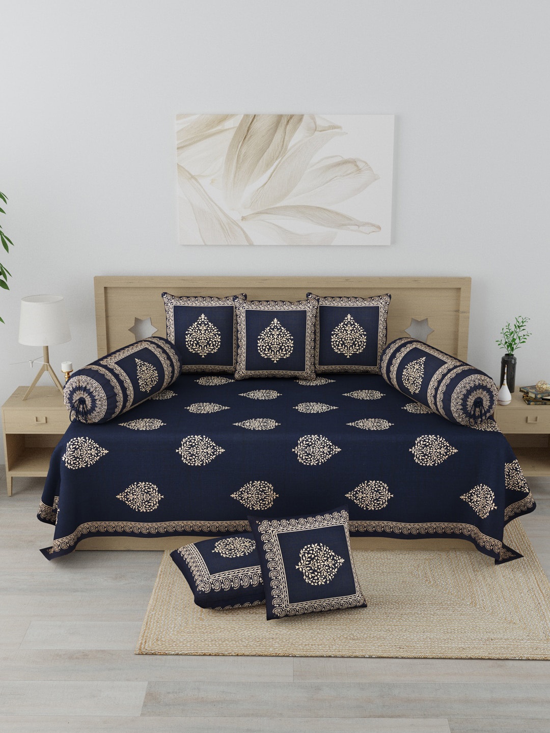 

Clasiko 8 Pcs Blue & Gold-Coloured Printed Cotton Bedsheet With Bolster & Cushion Covers