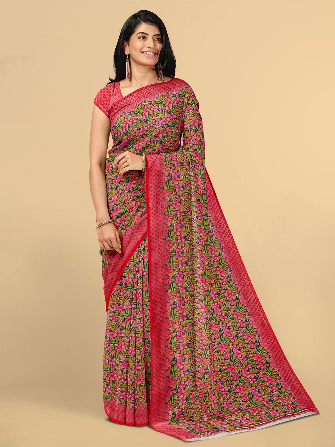 

Kalamandir Pink & Green Floral Saree