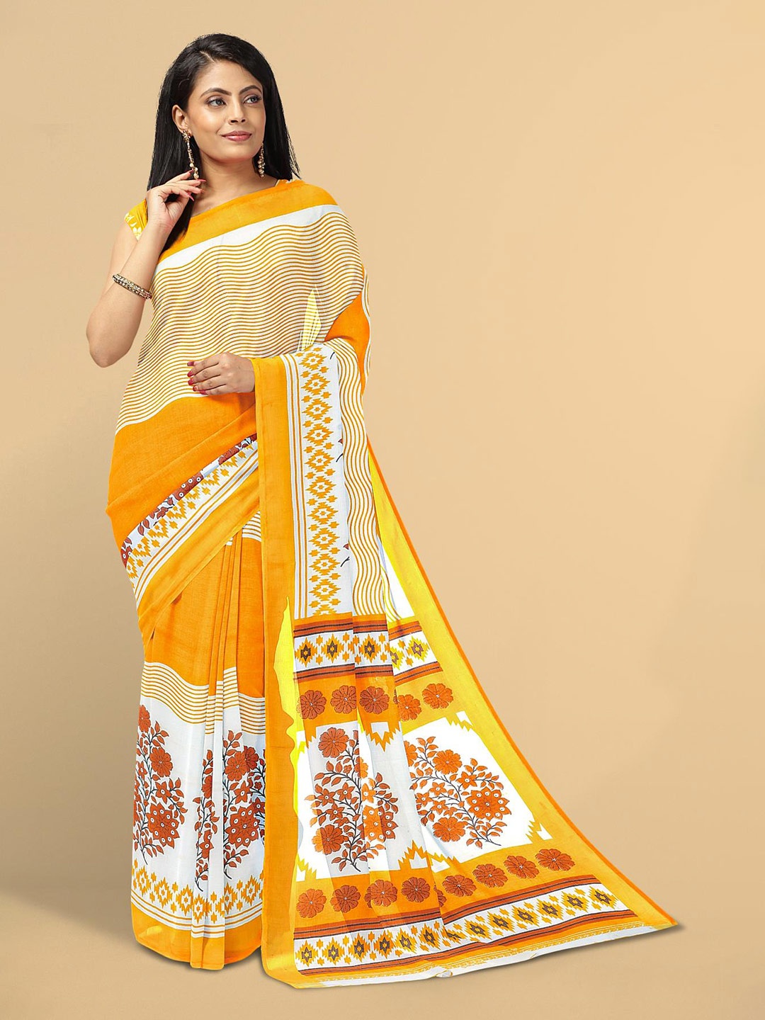 

Kalamandir White & Orange Floral Silk Blend Saree