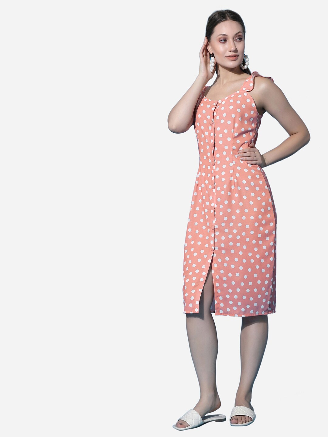 

Selvia Women Peach-Coloured Polka Dots Sheath Dress