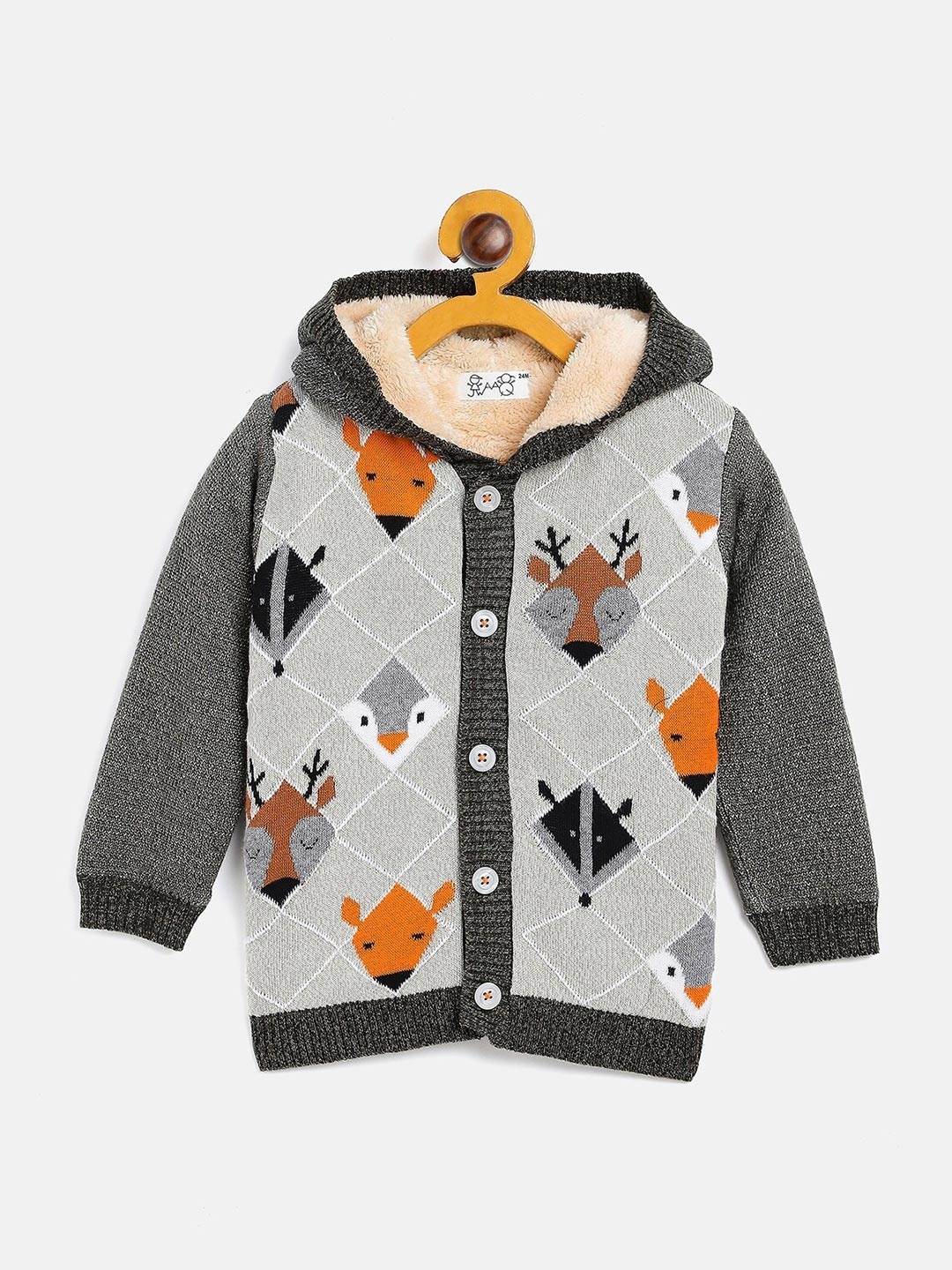 

JWAAQ Unisex Kids Olive Green & Orange Printed Cardigan