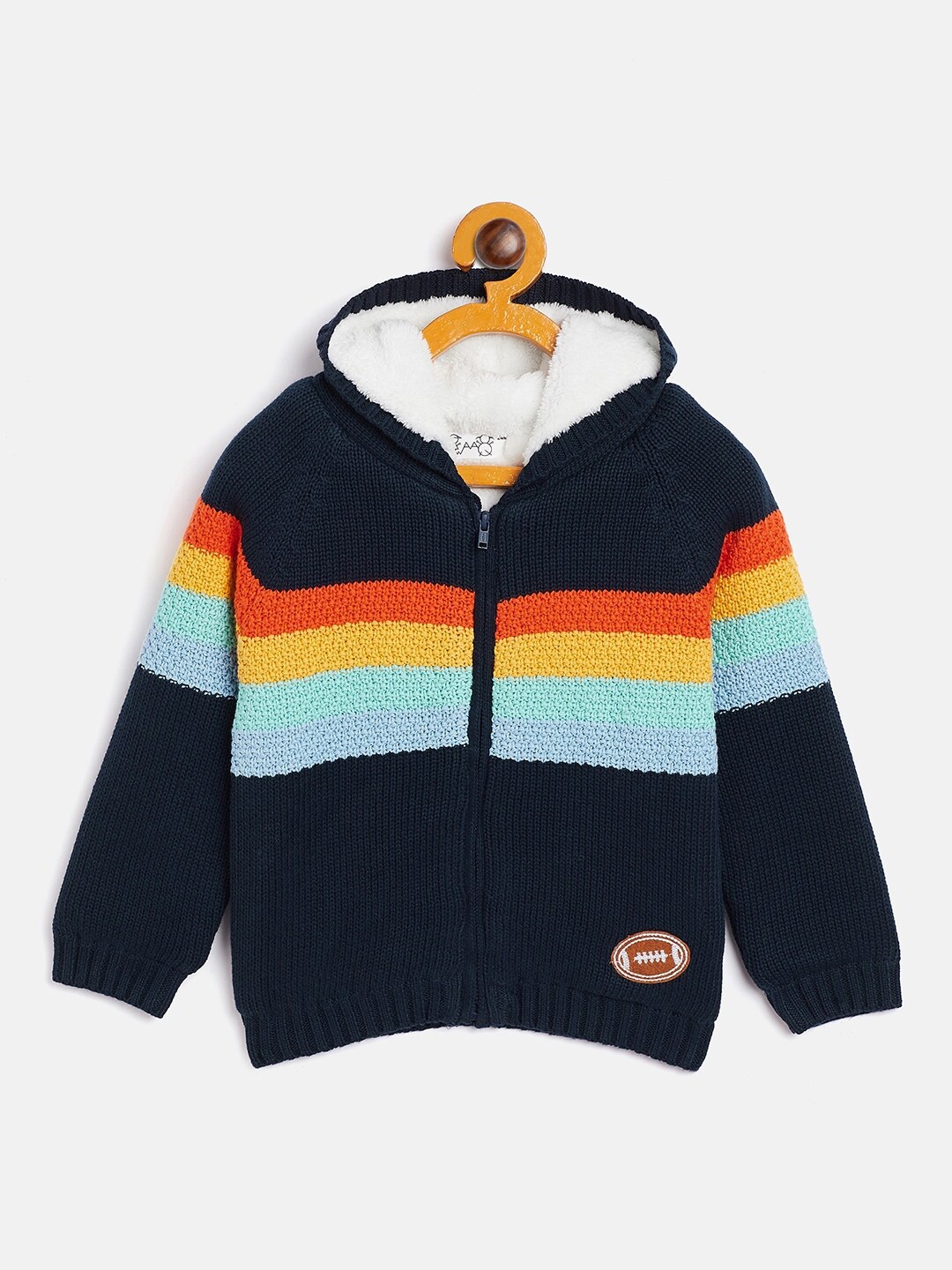 

JWAAQ Boys Navy Blue & Yellow Striped Printed Cardigan