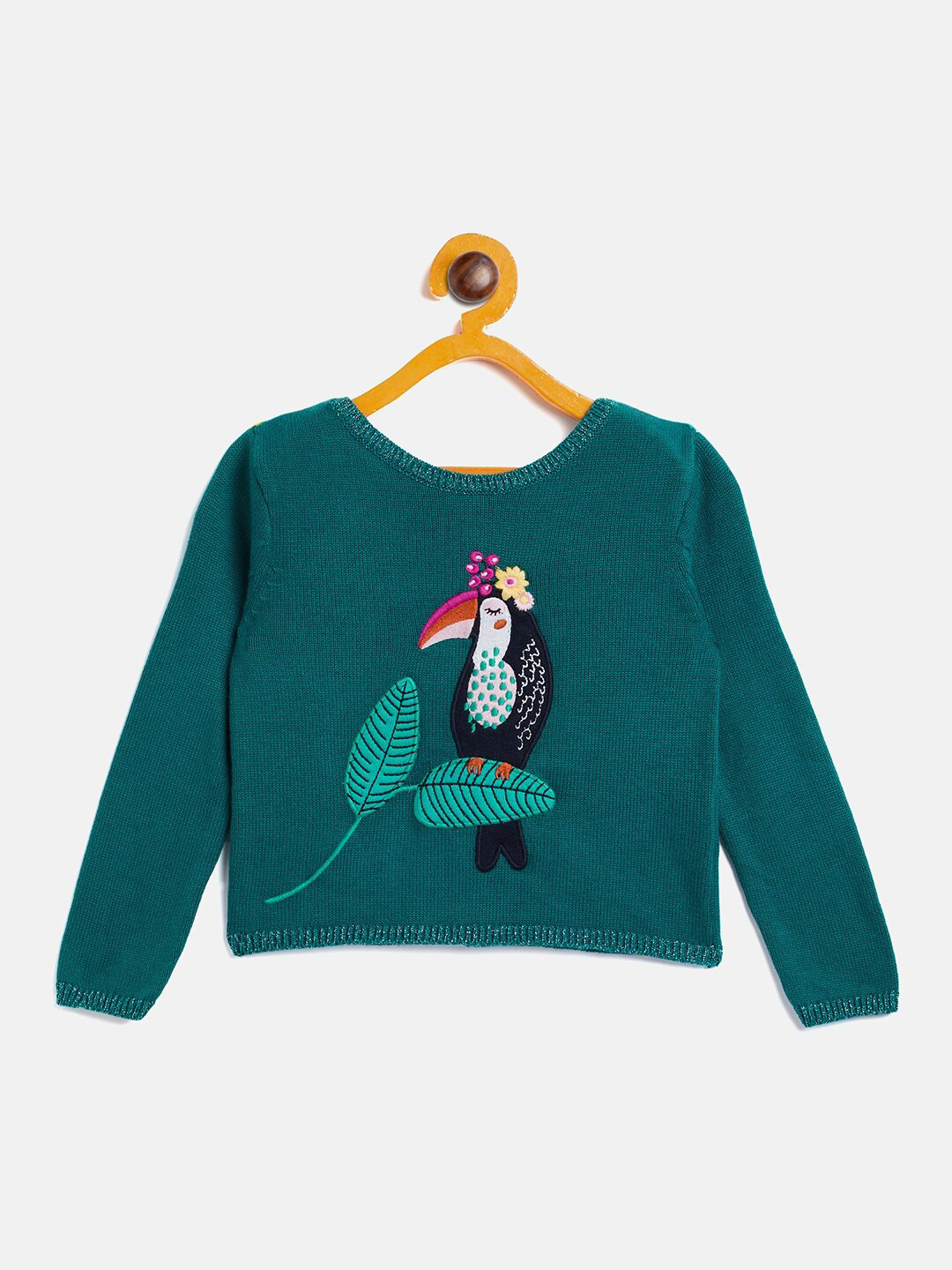 

JWAAQ Girls Turquoise Blue & White Typography Printed Pullover with Embroidered Detail