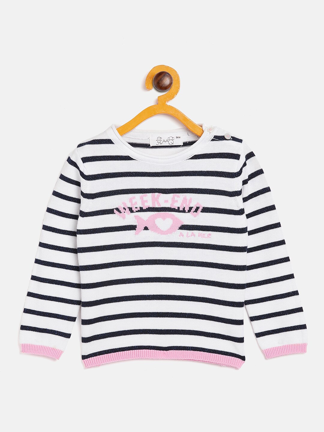

JWAAQ Girls White & Pink Striped Printed Pullover