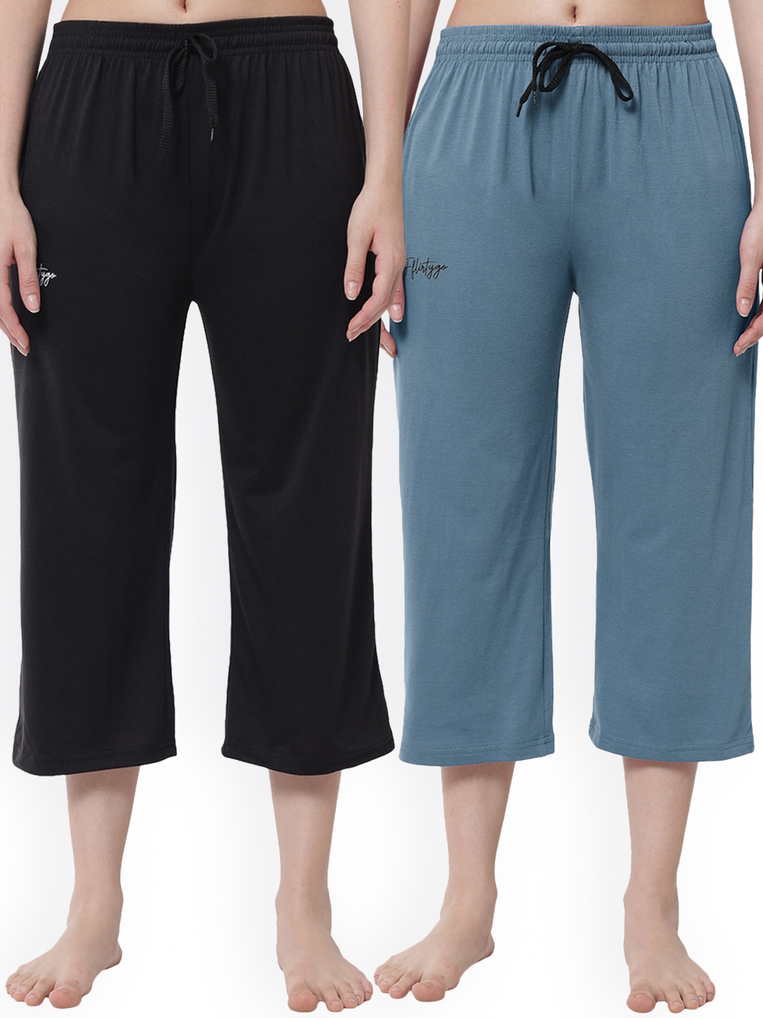 

FFLIRTYGO Women Pack Of 2 Black & Blue Solid Lounge Capris
