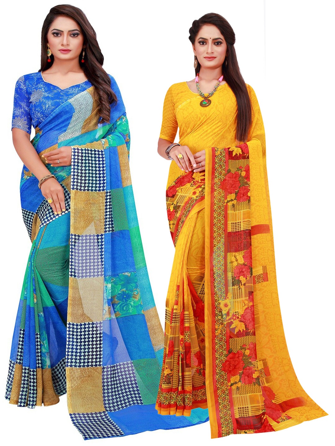 

KALINI Blue & Yellow Pure Georgette Saree