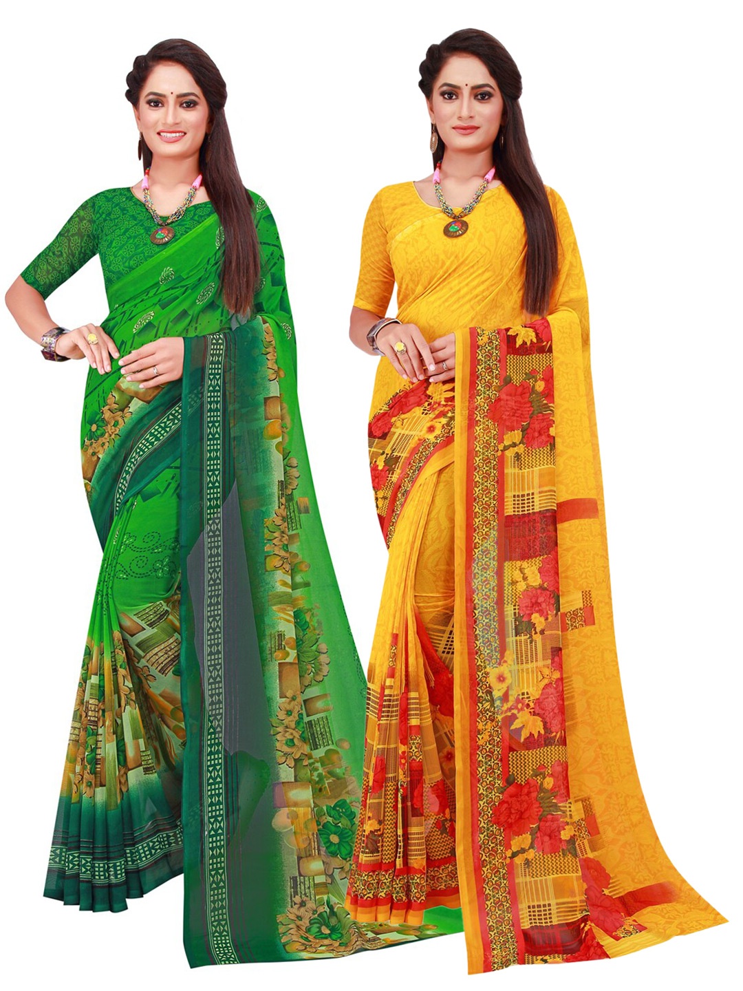 

KALINI Yellow & Green Pure Georgette Saree