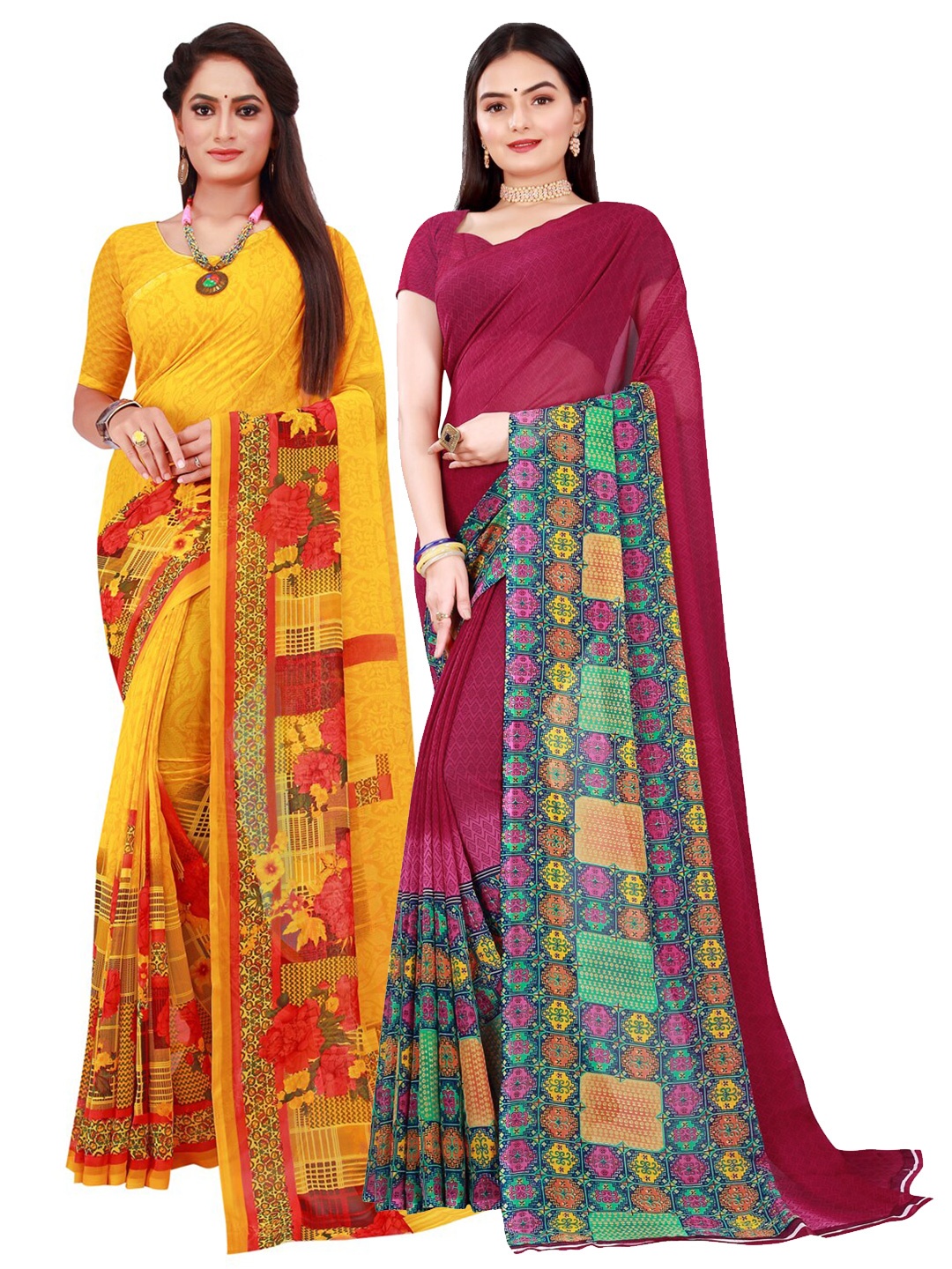

KALINI Yellow & Pink Pure Georgette Saree
