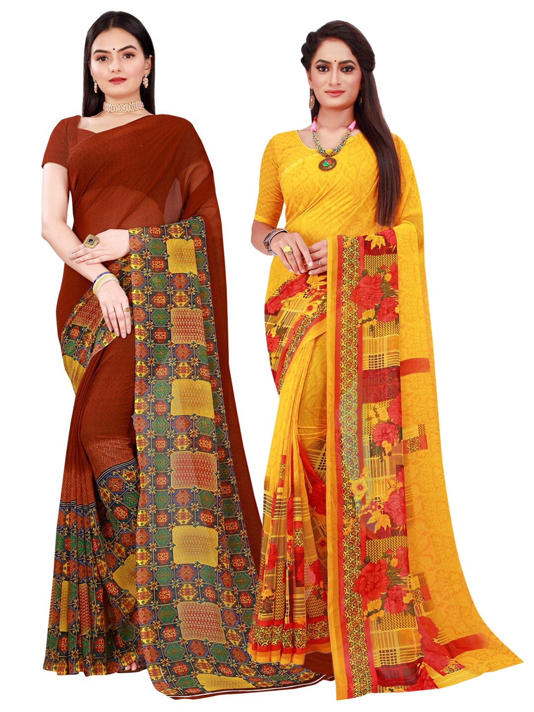 

KALINI Yellow & Brown Pure Georgette Saree